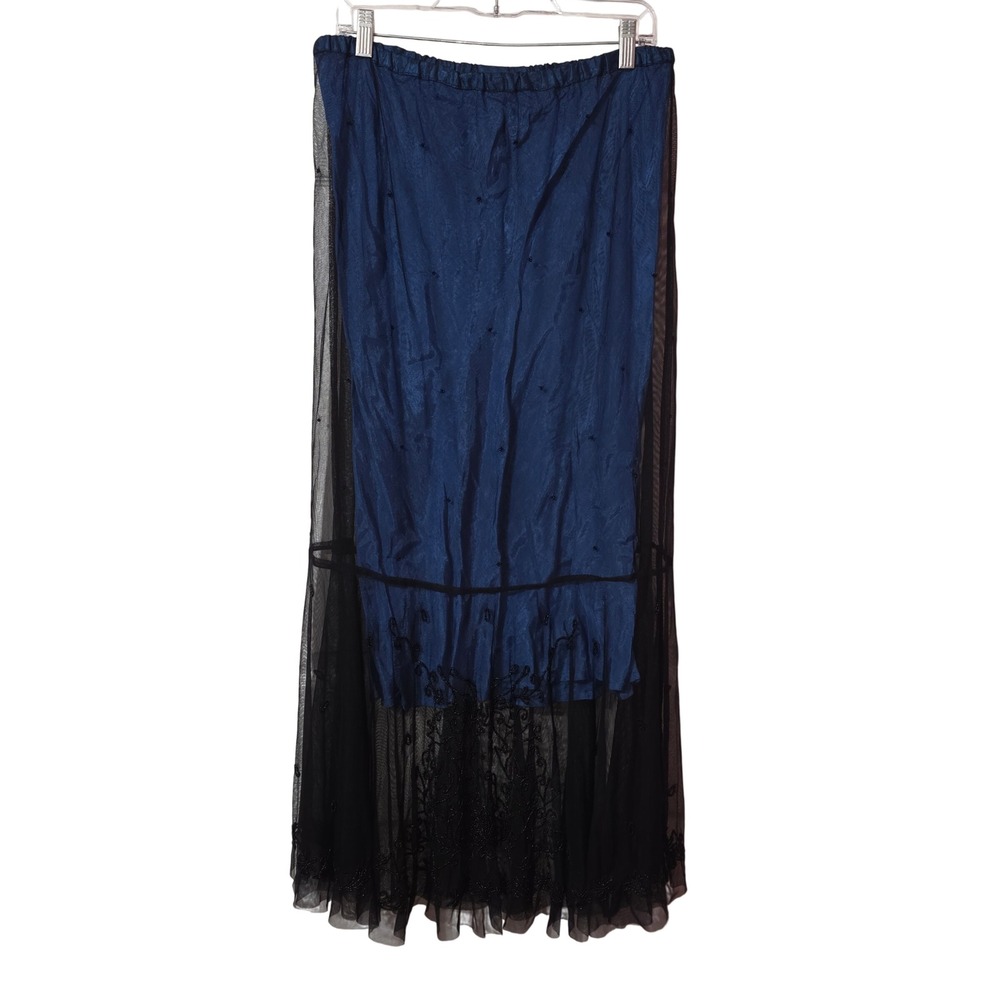 Papillon Blue Black Beaded Witchy Gothic Overlay Maxi Skirt Womens Medium Rayon